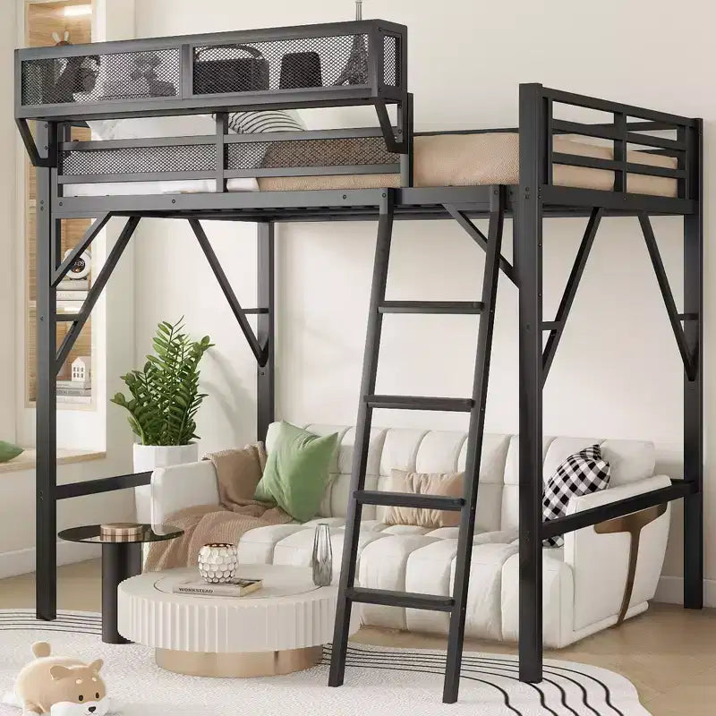 Okak Full Size Loft Bed with Ladder, Bed Frames with Storage basket and Safety Guardrail, Twin Loft Bed for Kids, Teenagers