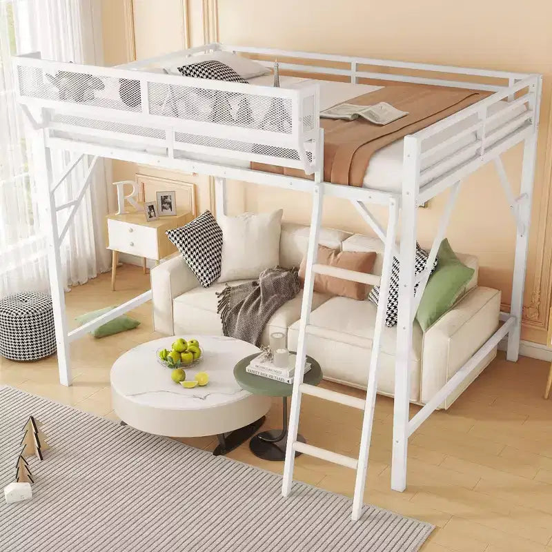 Letto a soppalco Okak Full Size con scaletta, struttura letto con cestino portaoggetti e ringhiera di sicurezza, letto a soppalco singolo per bambini, ragazzi