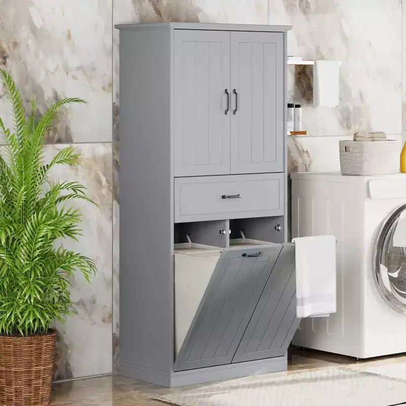 65,8 Mobiletto Alto da Bagno con 2 Cesti Portabiancheria Inclinabili, 2 Ante e Ripiani Regolabili, Armadietto Bagno Autoportante con Cassetto
