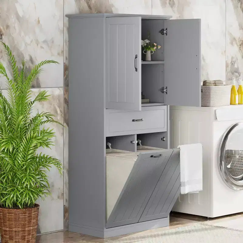 65,8 Mobiletto Alto da Bagno con 2 Cesti Portabiancheria Inclinabili, 2 Ante e Ripiani Regolabili, Armadietto Bagno Autoportante con Cassetto