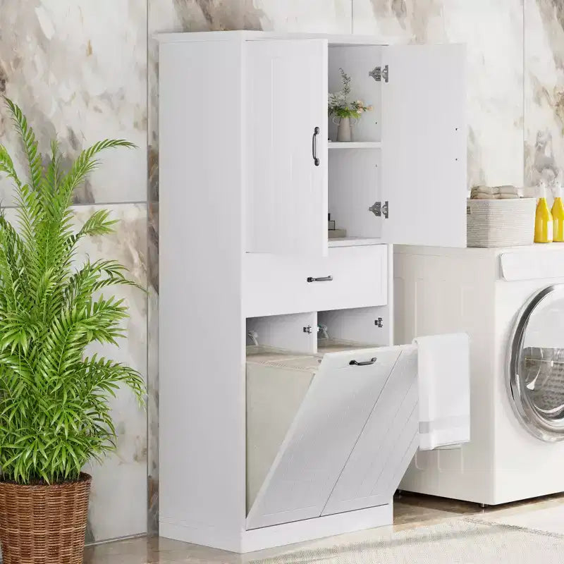 65,8 Mobiletto Alto da Bagno con 2 Cesti Portabiancheria Inclinabili, 2 Ante e Ripiani Regolabili, Armadietto Bagno Autoportante con Cassetto