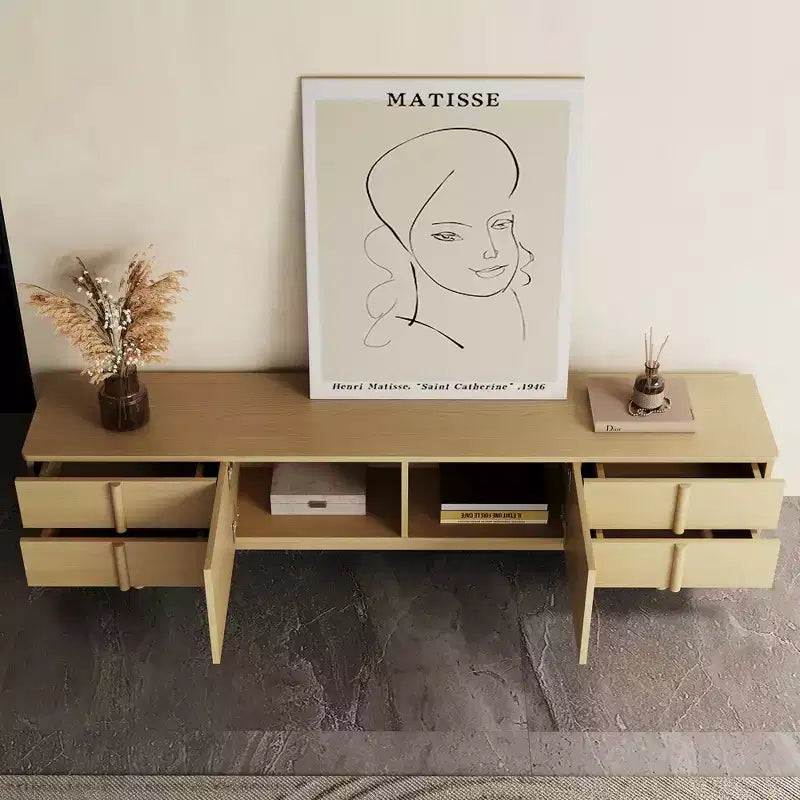Mobile TV Luck Live stile Mid-Century Modern 86.8 pollici con maniglie e piedini in legno massello, cerniere a chiusura ammortizzata + fori per la gestione dei cavi, colore naturale