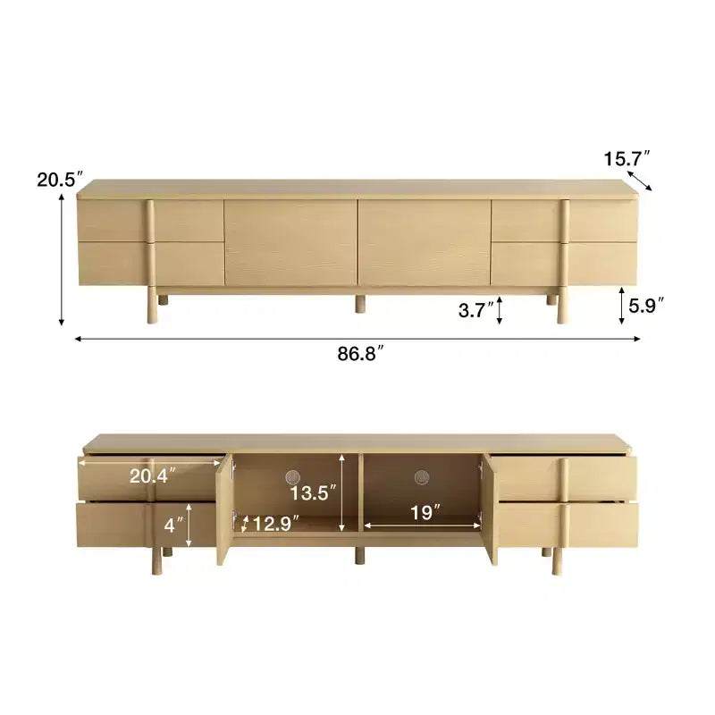 Mobile TV Luck Live stile Mid-Century Modern 86.8 pollici con maniglie e piedini in legno massello, cerniere a chiusura ammortizzata + fori per la gestione dei cavi, colore naturale