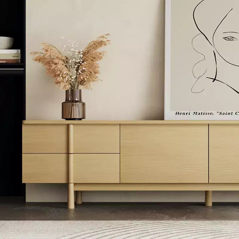 Mobile TV Luck Live stile Mid-Century Modern 86.8 pollici con maniglie e piedini in legno massello, cerniere a chiusura ammortizzata + fori per la gestione dei cavi, colore naturale