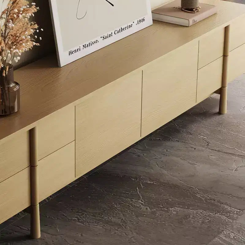 Mobile TV Luck Live stile Mid-Century Modern 86.8 pollici con maniglie e piedini in legno massello, cerniere a chiusura ammortizzata + fori per la gestione dei cavi, colore naturale