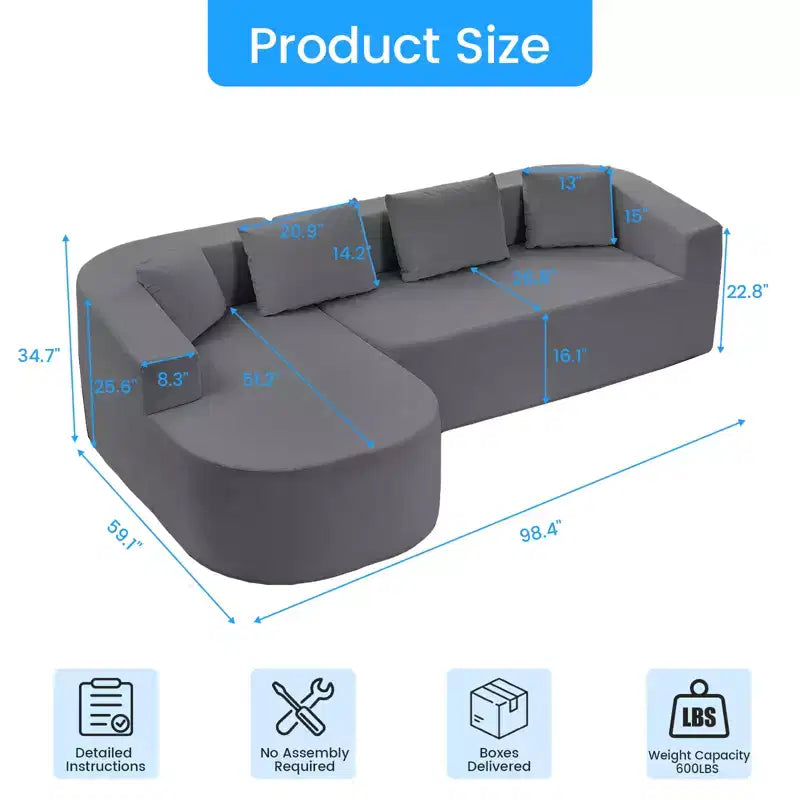 Mjkone Divano componibile a L 98'' in ciniglia con chaise longue curvaDivano moderno a 3 posti a nuvola A filo pavimento,Nessun montaggio richiesto