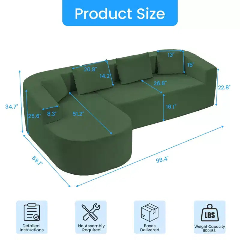 Mjkone Divano componibile a L 98'' in ciniglia con chaise longue curvaDivano moderno a 3 posti a nuvola A filo pavimento,Nessun montaggio richiesto