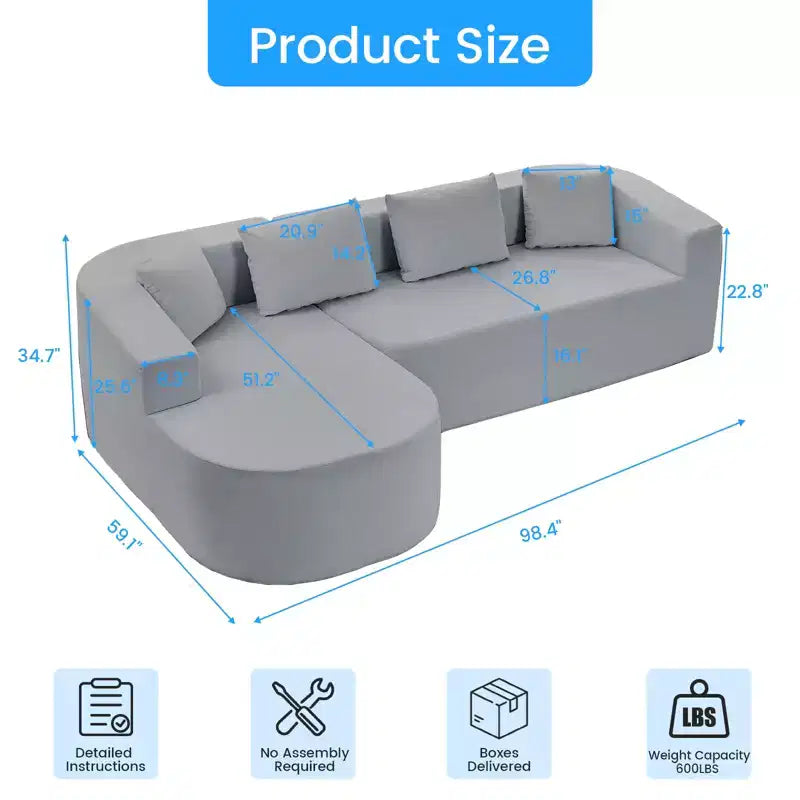 Mjkone Divano componibile a L 98'' in ciniglia con chaise longue curvaDivano moderno a 3 posti a nuvola A filo pavimento,Nessun montaggio richiesto