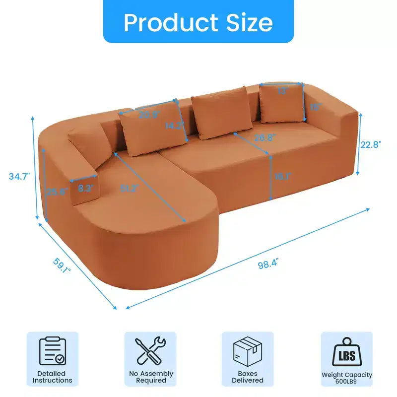 Mjkone Divano componibile a L 98'' in ciniglia con chaise longue curvaDivano moderno a 3 posti a nuvola A filo pavimento,Nessun montaggio richiesto