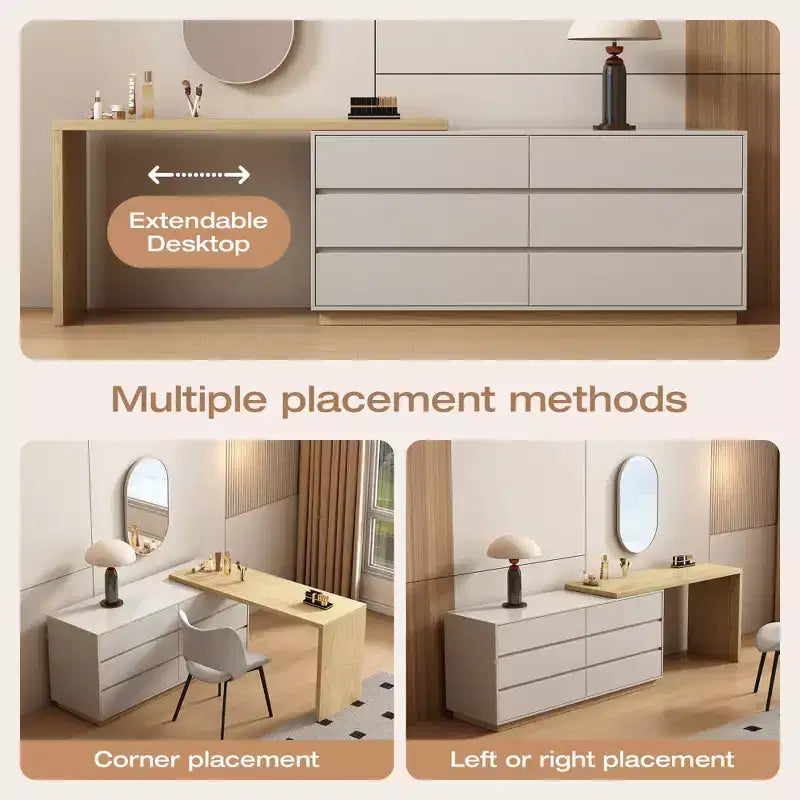 Tavoli da trucco retrattili, cassettiere e mobiletti Luck Live Mid-Century Modern, colore legno naturale