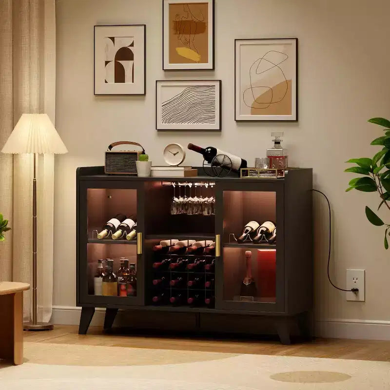 Mobile Bar con Luci a LED, Credenza Portabottiglie Indipendente con Ripiani Contenitore per Soggiorno e Sala da Pranzo