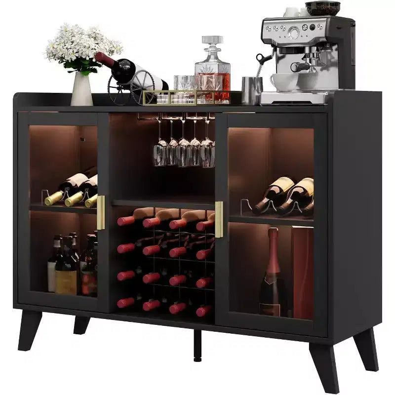Mobile Bar con Luci a LED, Credenza Portabottiglie Indipendente con Ripiani Contenitore per Soggiorno e Sala da Pranzo