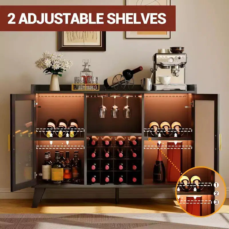 Mobile Bar con Luci a LED, Credenza Portabottiglie Indipendente con Ripiani Contenitore per Soggiorno e Sala da Pranzo