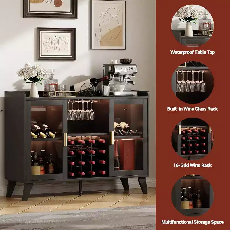 Mobile Bar con Luci a LED, Credenza Portabottiglie Indipendente con Ripiani Contenitore per Soggiorno e Sala da Pranzo