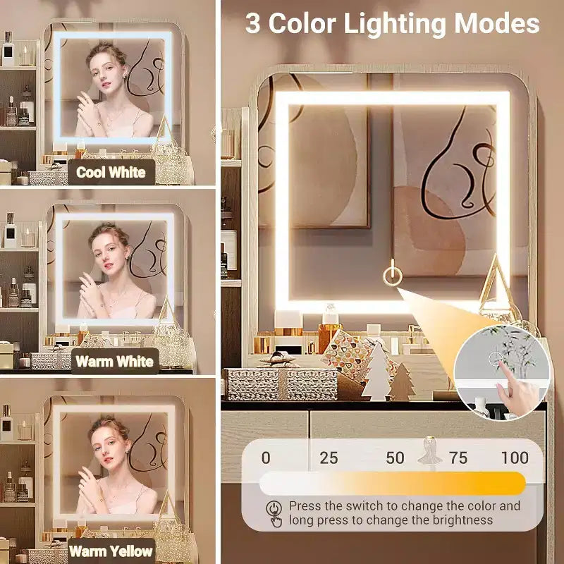 COZONY Scrivania da trucco con specchio LED e stazione di ricarica, Set da trucco piccolo con 2 cassetti, Sgabello contenitore