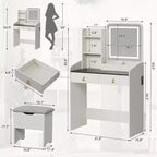 COZONY Scrivania da trucco con specchio LED e stazione di ricarica, Set da trucco piccolo con 2 cassetti, Sgabello contenitore