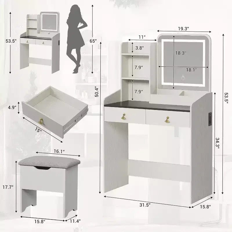 COZONY Scrivania da trucco con specchio LED e stazione di ricarica, Set da trucco piccolo con 2 cassetti, Sgabello contenitore