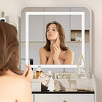 COZONY Scrivania da trucco con specchio LED e stazione di ricarica, Set da trucco piccolo con 2 cassetti, Sgabello contenitore