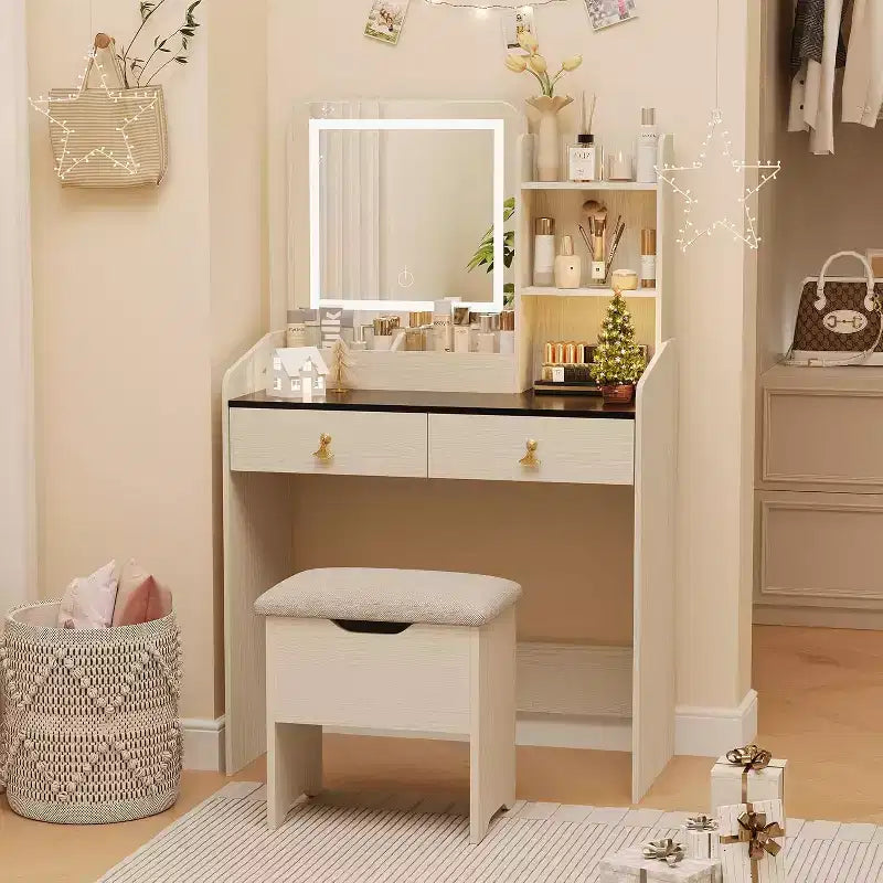 COZONY Scrivania da trucco con specchio LED e stazione di ricarica, Set da trucco piccolo con 2 cassetti, Sgabello contenitore