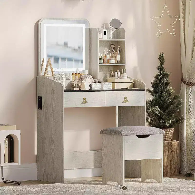 COZONY Scrivania da trucco con specchio LED e stazione di ricarica, Set da trucco piccolo con 2 cassetti, Sgabello contenitore