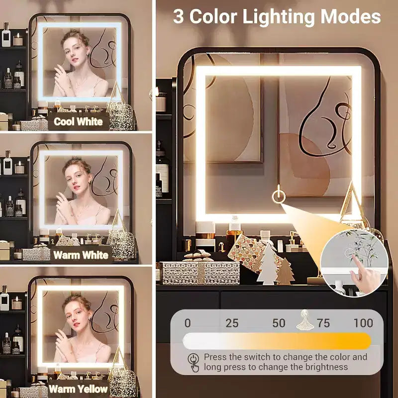 COZONY Scrivania da trucco con specchio LED e stazione di ricarica, Set da trucco piccolo con 2 cassetti, Sgabello contenitore
