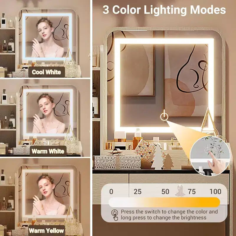 COZONY Scrivania da trucco con specchio LED e stazione di ricarica, Set da trucco piccolo con 2 cassetti, Sgabello contenitore