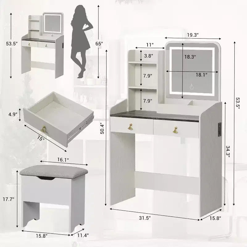 COZONY Scrivania da trucco con specchio LED e stazione di ricarica, Set da trucco piccolo con 2 cassetti, Sgabello contenitore