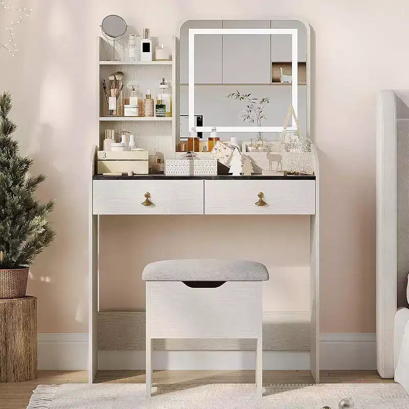 COZONY Scrivania da trucco con specchio LED e stazione di ricarica, Set da trucco piccolo con 2 cassetti, Sgabello contenitore