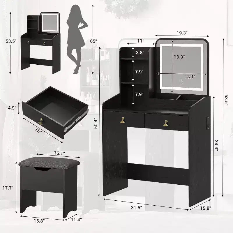 COZONY Scrivania da trucco con specchio LED e stazione di ricarica, Set da trucco piccolo con 2 cassetti, Sgabello contenitore