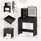 COZONY Scrivania da trucco con specchio LED e stazione di ricarica, Set da trucco piccolo con 2 cassetti, Sgabello contenitore