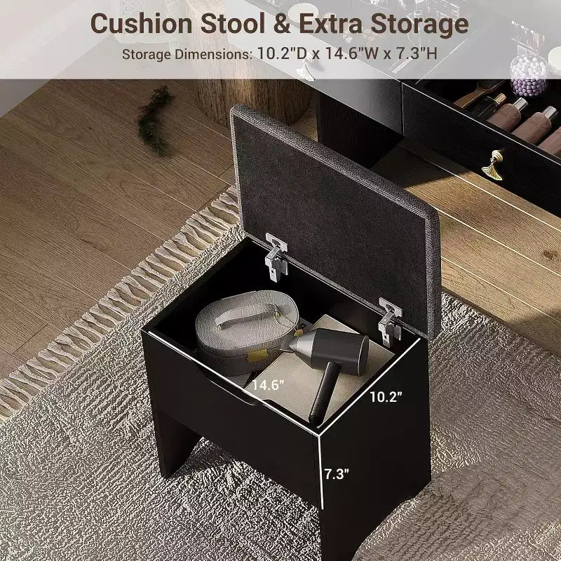 COZONY Scrivania da trucco con specchio LED e stazione di ricarica, Set da trucco piccolo con 2 cassetti, Sgabello contenitore