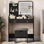 COZONY Scrivania da trucco con specchio LED e stazione di ricarica, Set da trucco piccolo con 2 cassetti, Sgabello contenitore