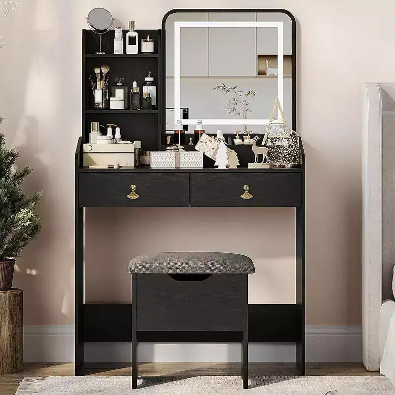 COZONY Scrivania da trucco con specchio LED e stazione di ricarica, Set da trucco piccolo con 2 cassetti, Sgabello contenitore