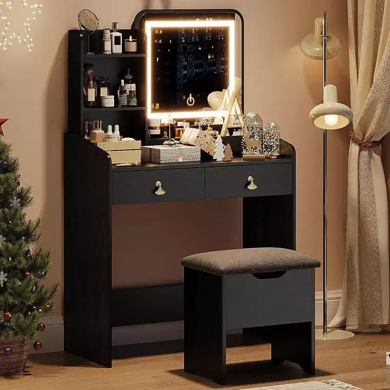 COZONY Scrivania da trucco con specchio LED e stazione di ricarica, Set da trucco piccolo con 2 cassetti, Sgabello contenitore