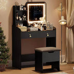 COZONY Scrivania da trucco con specchio LED e stazione di ricarica, Set da trucco piccolo con 2 cassetti, Sgabello contenitore