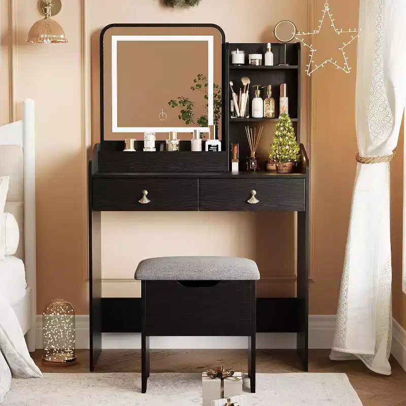 COZONY Vanity Desk with LED Light Mirror & Charging Station, Small Makeup Vanity Set w/ 2 Drawers, Storage Stool