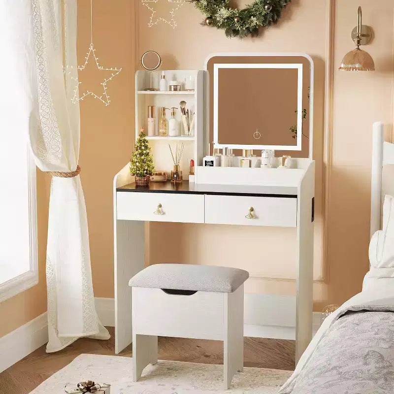 COZONY Scrivania da trucco con specchio LED e stazione di ricarica, Set da trucco piccolo con 2 cassetti, Sgabello contenitore