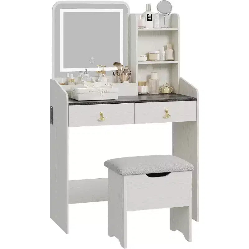 COZONY Scrivania da trucco con specchio LED e stazione di ricarica, Set da trucco piccolo con 2 cassetti, Sgabello contenitore
