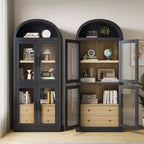 Libreria ad arco con ante e cassetti, libreria in stile rustico, profondità 40 cm, scaffali espositivi, alta 181 cm, vetrinetta in legno, librerie arrotondate
