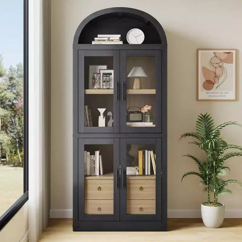 Libreria ad arco con ante e cassetti, libreria in stile rustico, profondità 40 cm, scaffali espositivi, alta 181 cm, vetrinetta in legno, librerie arrotondate