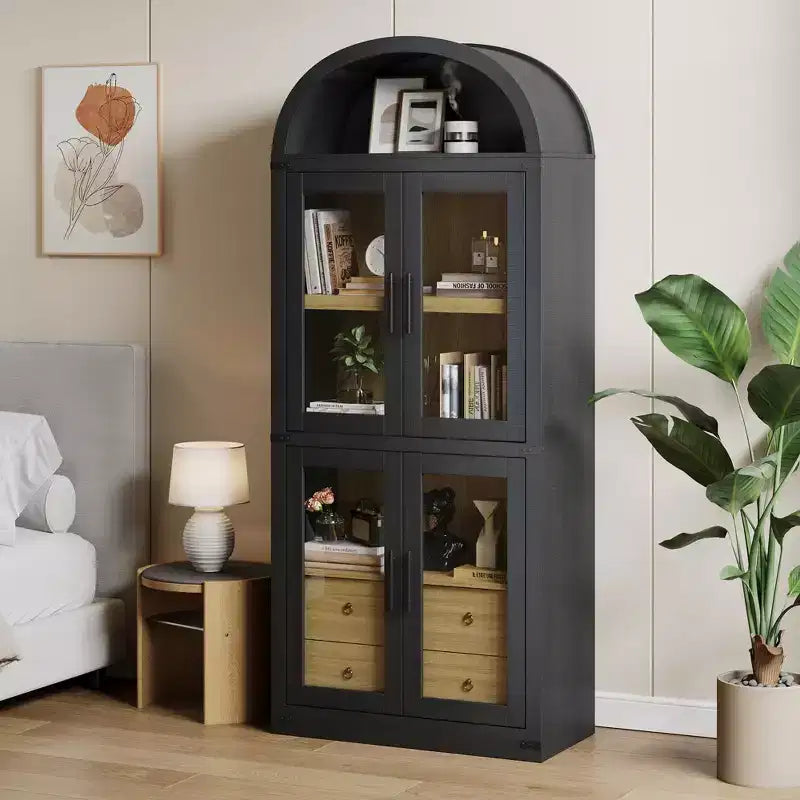 Libreria ad arco con ante e cassetti, libreria in stile rustico, profondità 40 cm, scaffali espositivi, alta 181 cm, vetrinetta in legno, librerie arrotondate