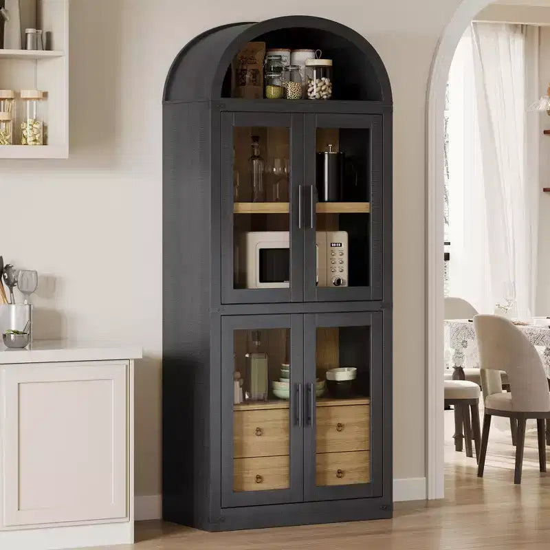 Libreria ad arco con ante e cassetti, libreria in stile rustico, profondità 40 cm, scaffali espositivi, alta 181 cm, vetrinetta in legno, librerie arrotondate