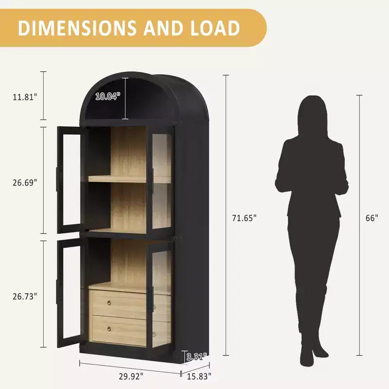 Libreria ad arco con ante e cassetti, libreria in stile rustico, profondità 40 cm, scaffali espositivi, alta 181 cm, vetrinetta in legno, librerie arrotondate