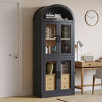 Libreria ad arco con ante e cassetti, libreria in stile rustico, profondità 40 cm, scaffali espositivi, alta 181 cm, vetrinetta in legno, librerie arrotondate