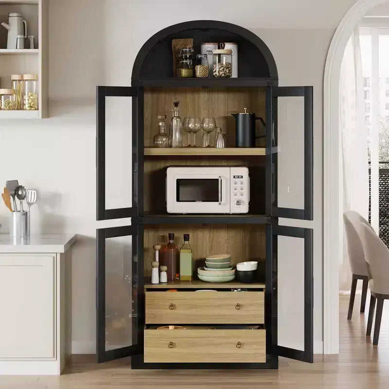 Libreria ad arco con ante e cassetti, libreria in stile rustico, profondità 40 cm, scaffali espositivi, alta 181 cm, vetrinetta in legno, librerie arrotondate