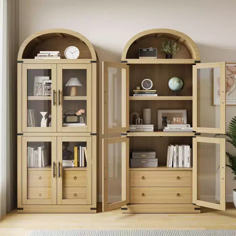Libreria ad arco con ante e cassetti, libreria in stile rustico, profondità 40 cm, scaffali espositivi, alta 181 cm, vetrinetta in legno, librerie arrotondate