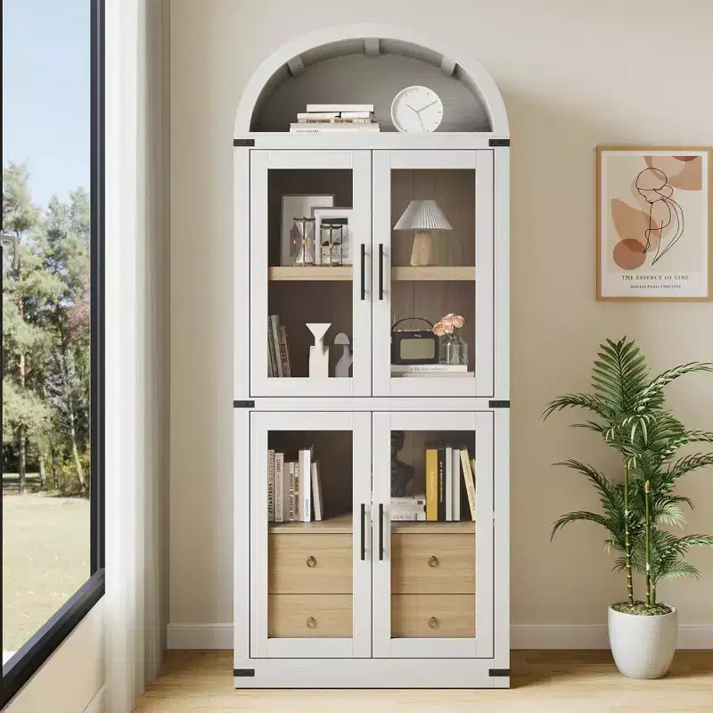 Libreria ad arco con ante e cassetti, libreria in stile rustico, profondità 40 cm, scaffali espositivi, alta 181 cm, vetrinetta in legno, librerie arrotondate