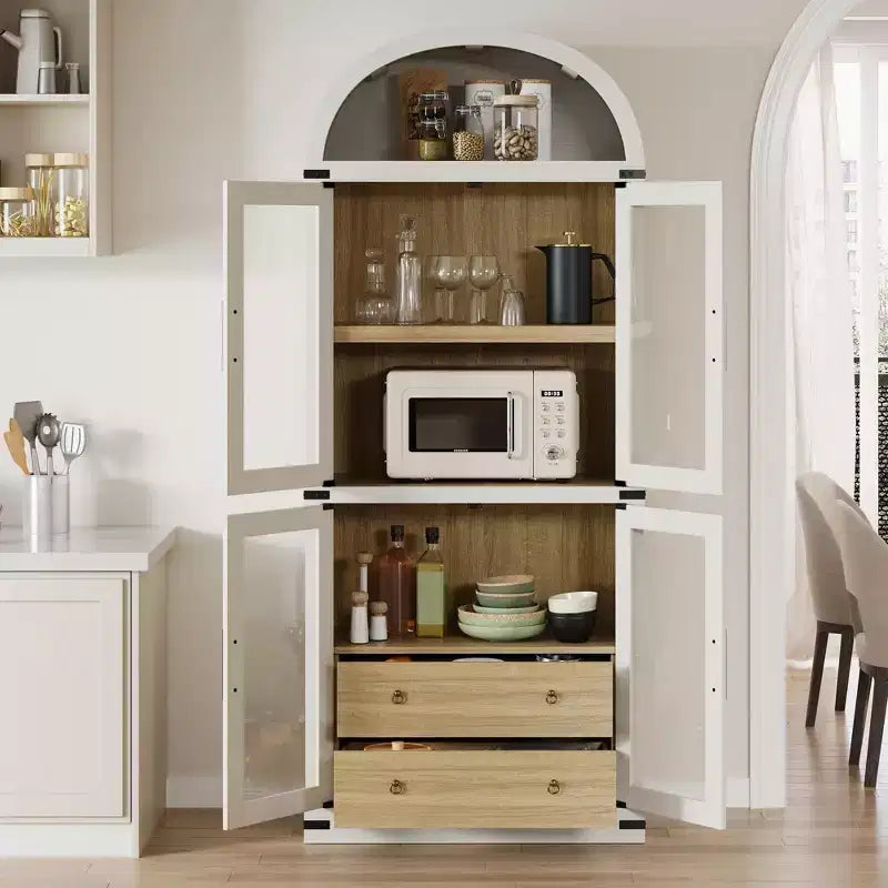 Libreria ad arco con ante e cassetti, libreria in stile rustico, profondità 40 cm, scaffali espositivi, alta 181 cm, vetrinetta in legno, librerie arrotondate