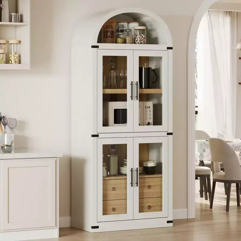 Libreria ad arco con ante e cassetti, libreria in stile rustico, profondità 40 cm, scaffali espositivi, alta 181 cm, vetrinetta in legno, librerie arrotondate
