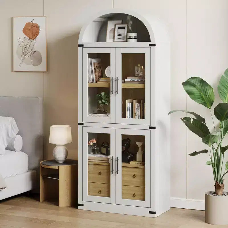 Libreria ad arco con ante e cassetti, libreria in stile rustico, profondità 40 cm, scaffali espositivi, alta 181 cm, vetrinetta in legno, librerie arrotondate